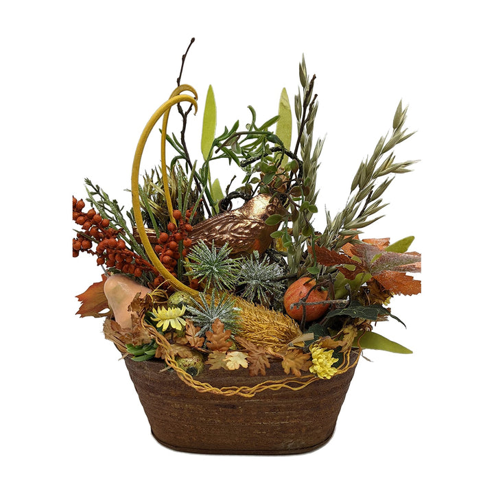 Freigestellt Blumengesteck Herbstgesteck Tischgesteck Vogel Beeren Laub kupfer