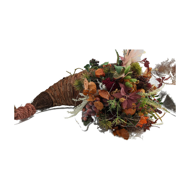 Freigestellt Herbstgesteck Füllhorn mit Kürbis Trauben Äpfeln LED orange braun