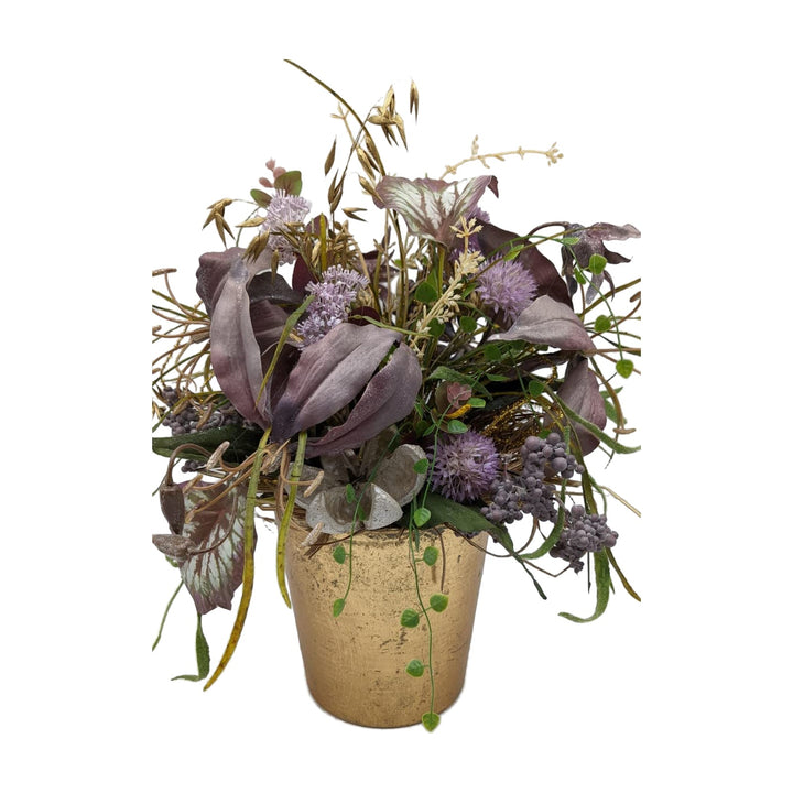 Freigestellt Herbstgesteck Allium Blätter Beeren Gräser lila gold