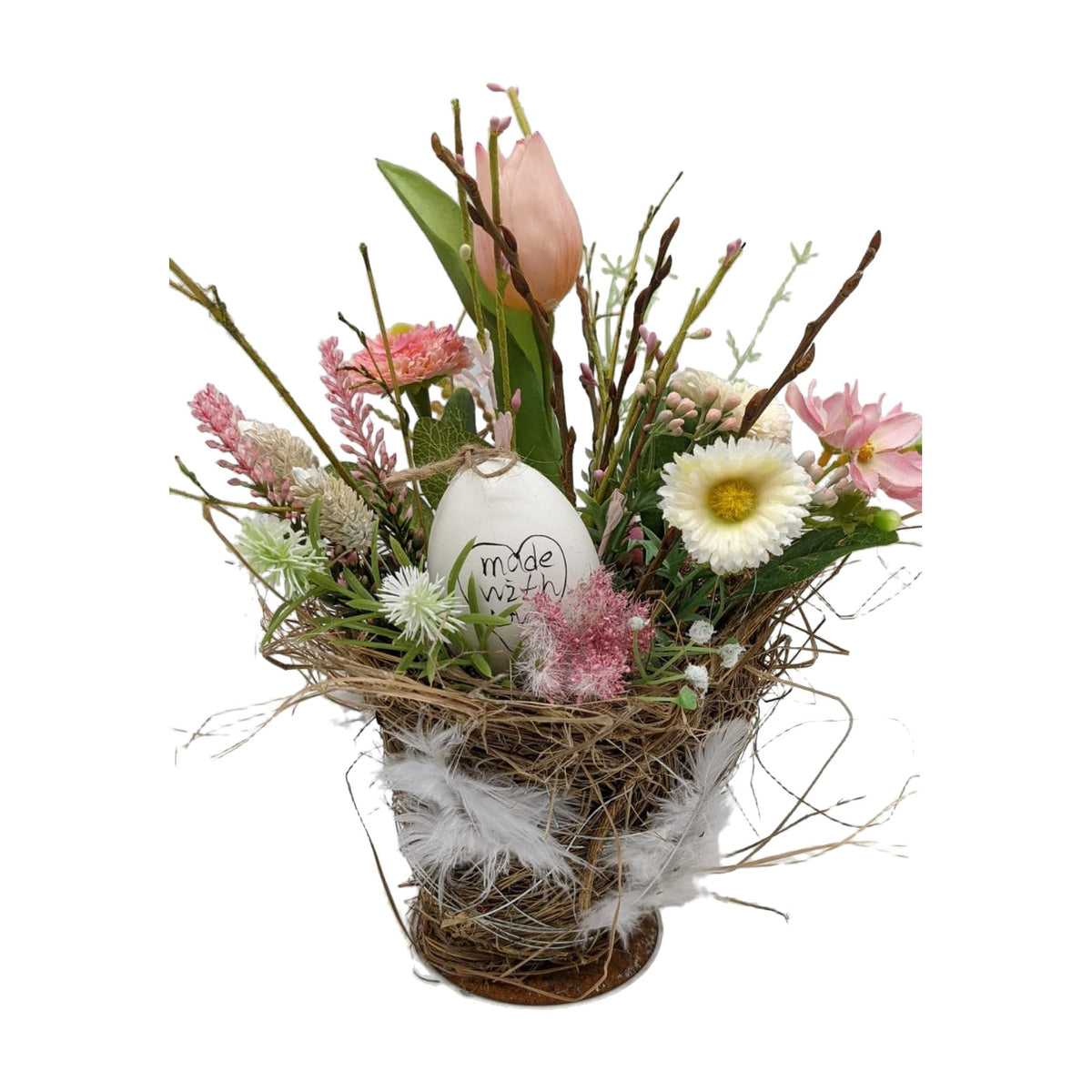 Freigestellt Ostergesteck Frühlingsgesteck Tulpe Bellis Ei Blüten rosa weiß