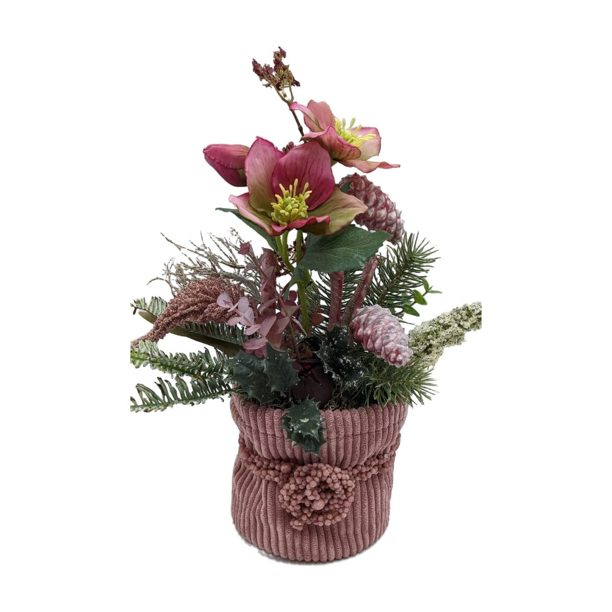 Freigestellt Wintergesteck Christrose Zapfen Tanne Heide rosa grün