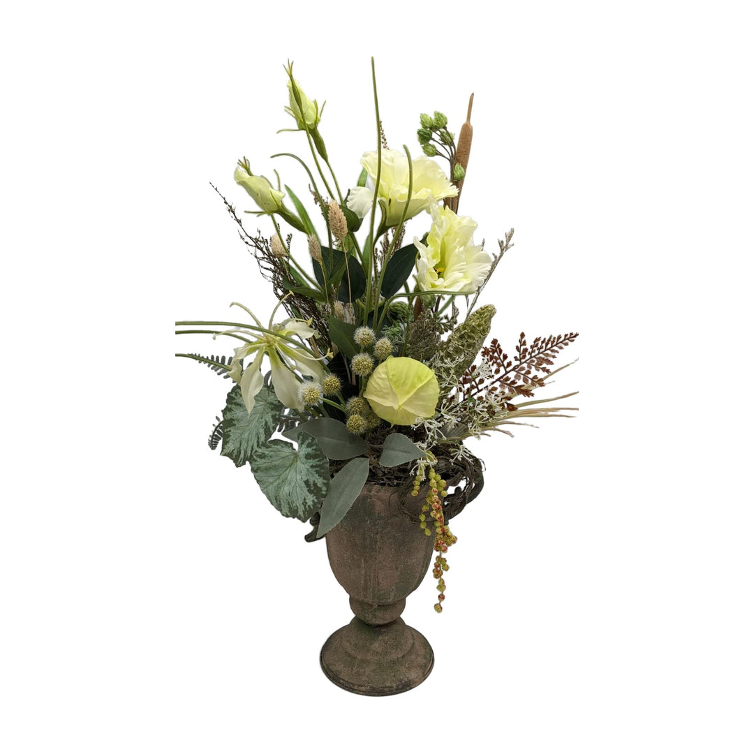 Freigestellt Herbstgesteck Herbstdeko Blüten Hopfen Farn Gräser gelb grün im Pokal