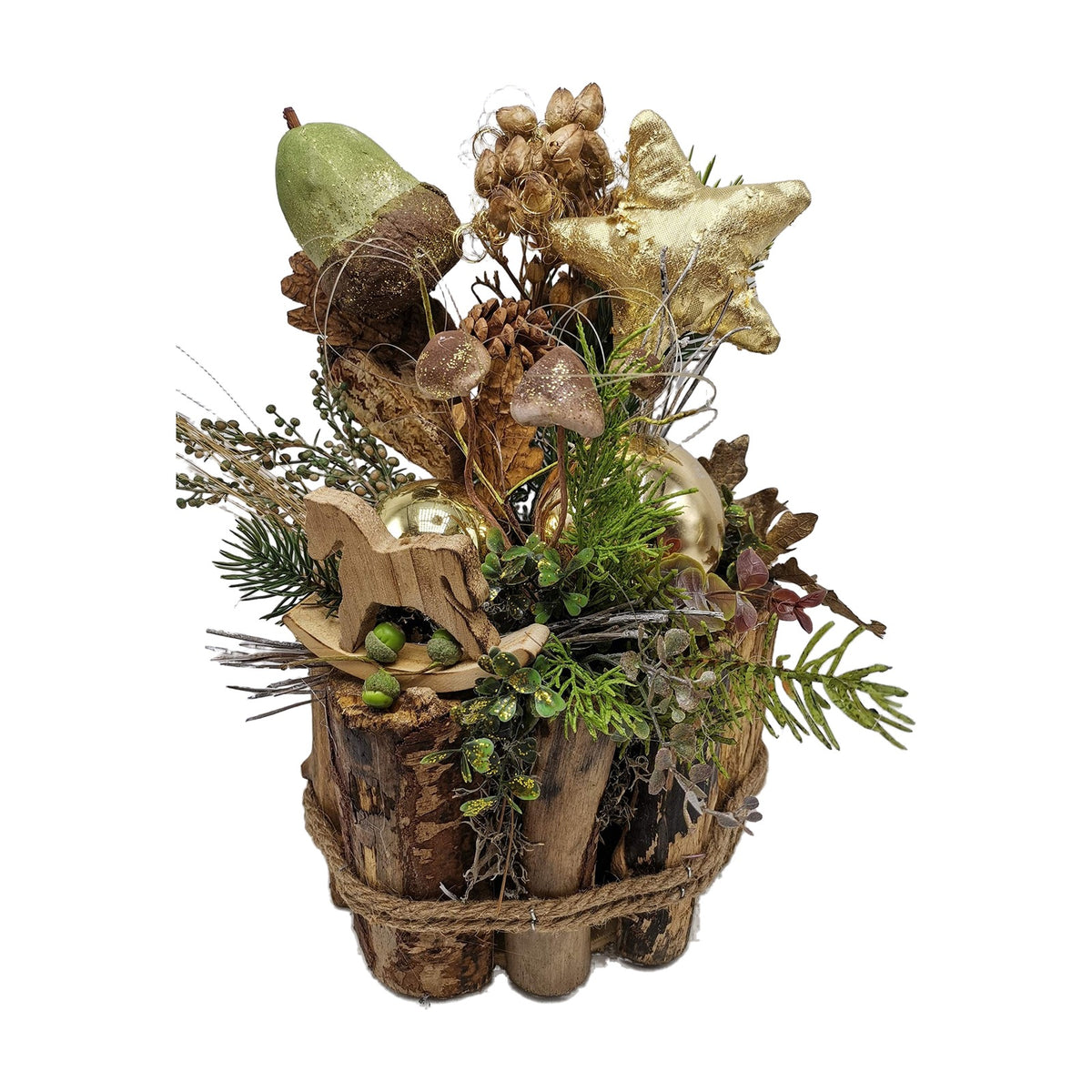 Freigestellt Weihnachtsgesteck Adventsgesteck Schaukelpferd Stern Kugeln Pilze gold