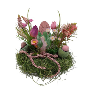Freigestellt Ostergesteck Frühlingsgesteck Tulpen Bellis Hase Eier rosa