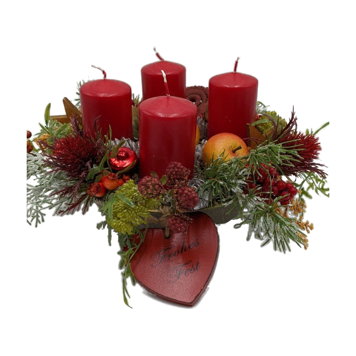 Freigestellt Weihnachtsgesteck Adventsgesteck Kerzen Herz Apfel Beeren Tanne rot grün