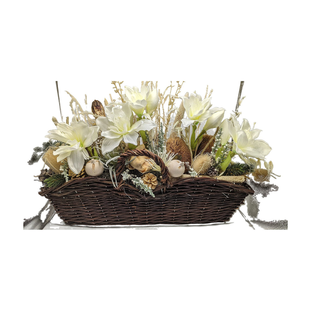 Freigestellt Wintergesteck Tischgesteck Amaryllis Banksia Beeren Tanne weiß creme