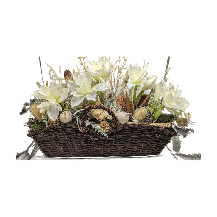 Freigestellt Wintergesteck Tischgesteck Amaryllis Banksia Beeren Tanne weiß creme