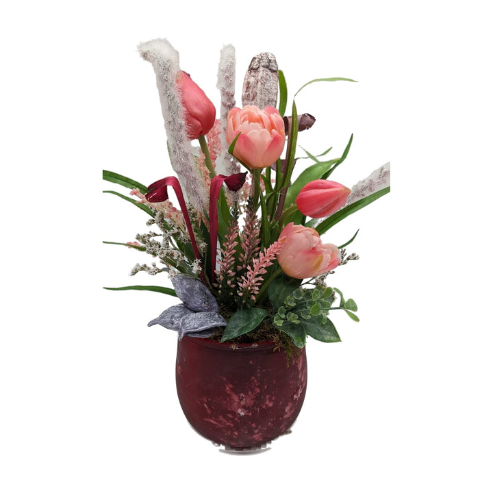 Freigestellt Frühlingsgesteck Tischgesteck Tulpen Gräser rosa rot im Topf