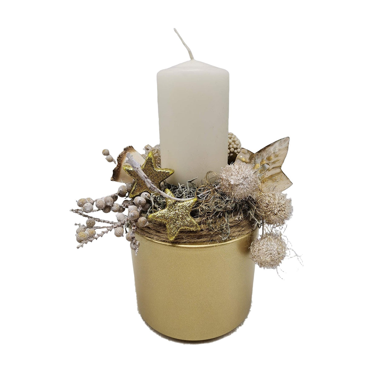 Freigestellt Weihnachtsgesteck Adventsgesteck Kerze Sterne Beeren gold creme