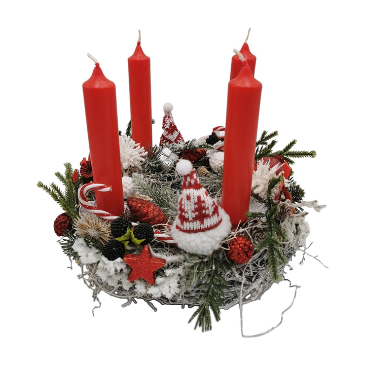 Freigestellt Weihnachtsgesteck Adventskranz rot weiß Kerzen Zuckerstange Stern