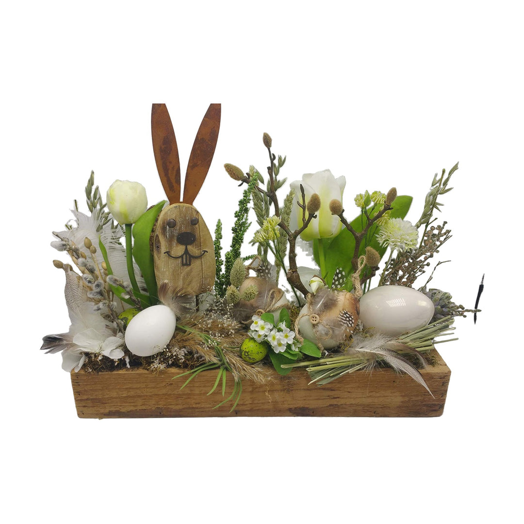 Freigestellt Seidenblumengesteck Osterdeko Hase Tulpen Weidenkätzchen Eier weiß grün