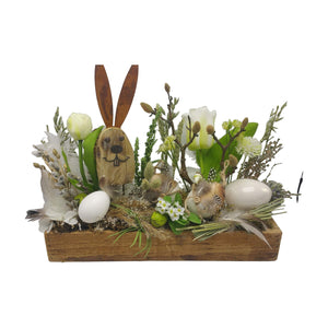 Freigestellt Seidenblumengesteck Osterdeko Hase Tulpen Weidenkätzchen Eier weiß grün