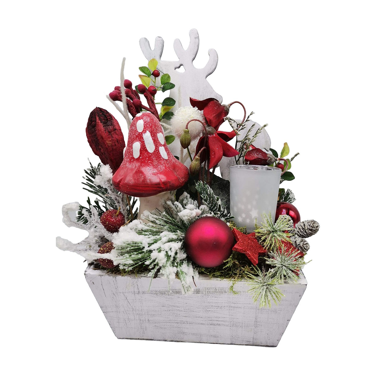 Freigestellt Weihnachtsgesteck Adventsgesteck Teelicht Pilz Hirsch Kugeln rot weiß