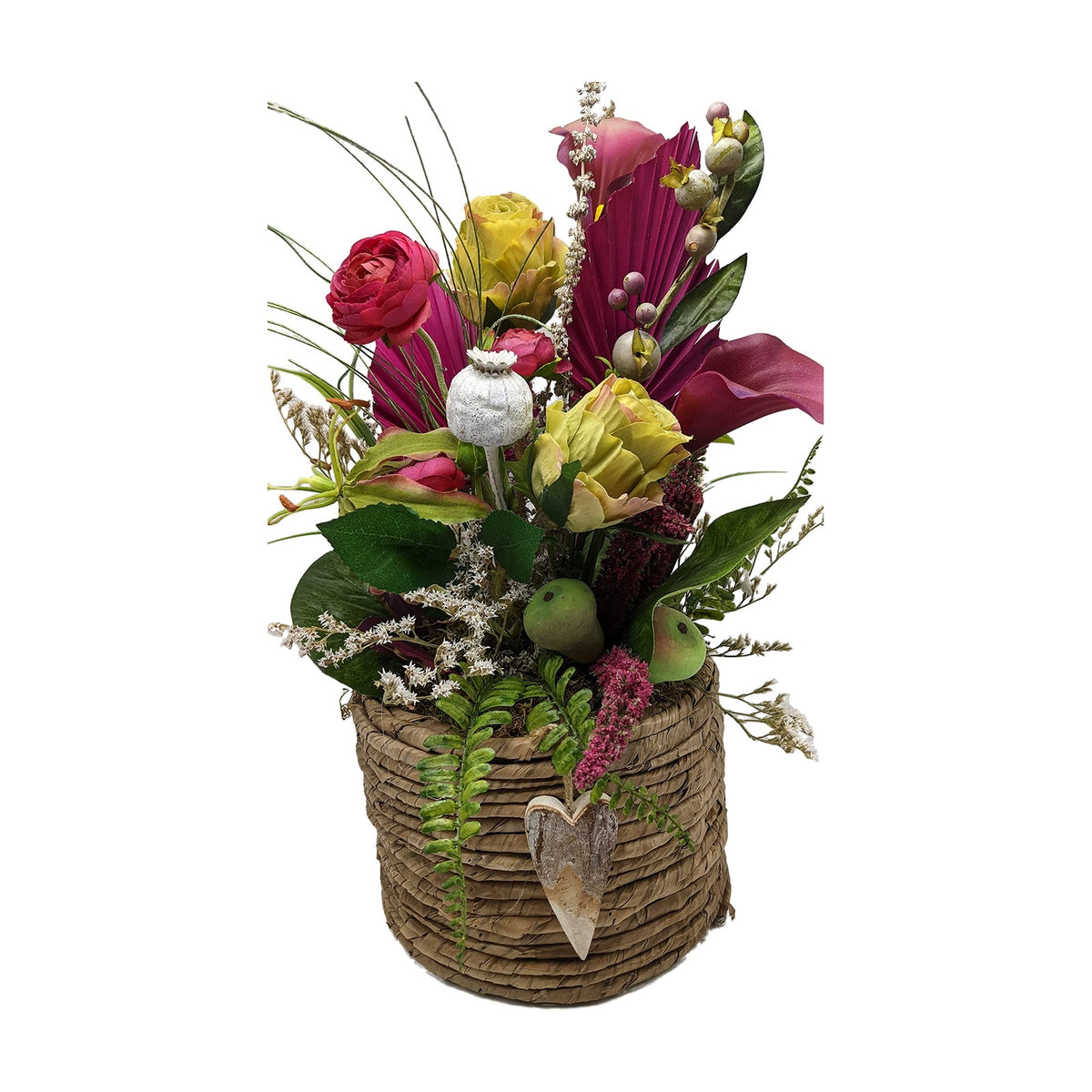 Freigestellt Sommergesteck Tischgesteck Rosen Calla Heide Herz pink grün