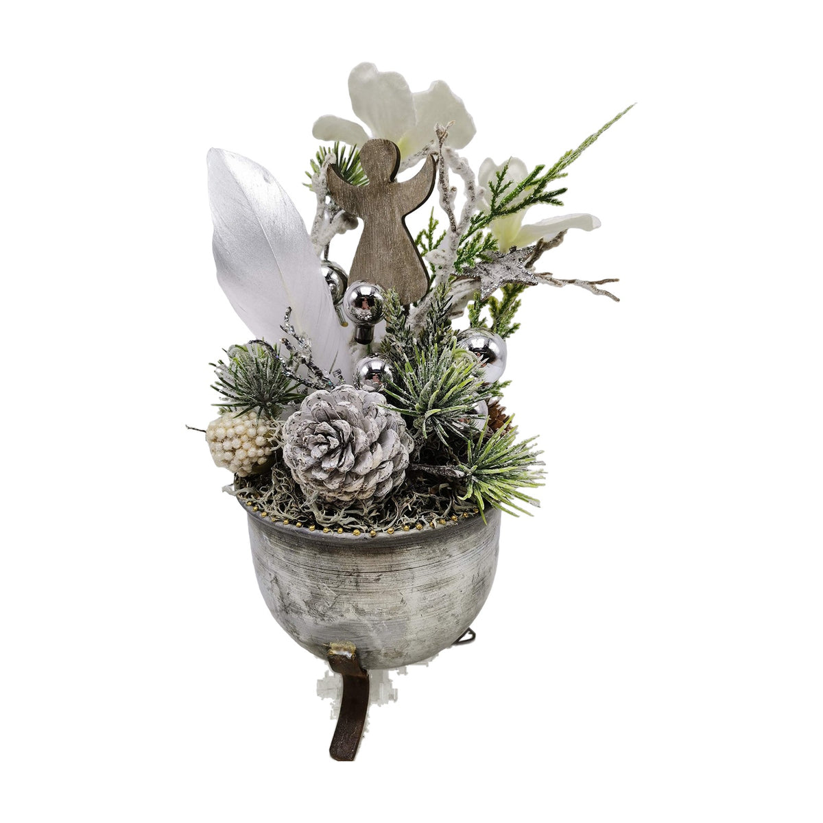 Freigestellt Weihnachtsgesteck Wintergesteck Engel Blüten Kugeln Zapfen silber weiß