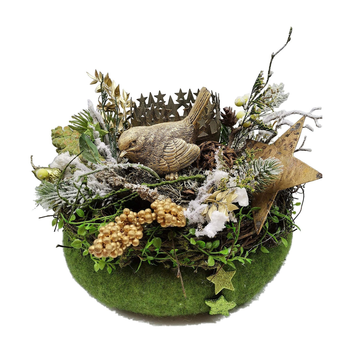 Freigestellt Weihnachtsgesteck Wintergesteck Teelicht Vogel Sterne Tanne grün gold