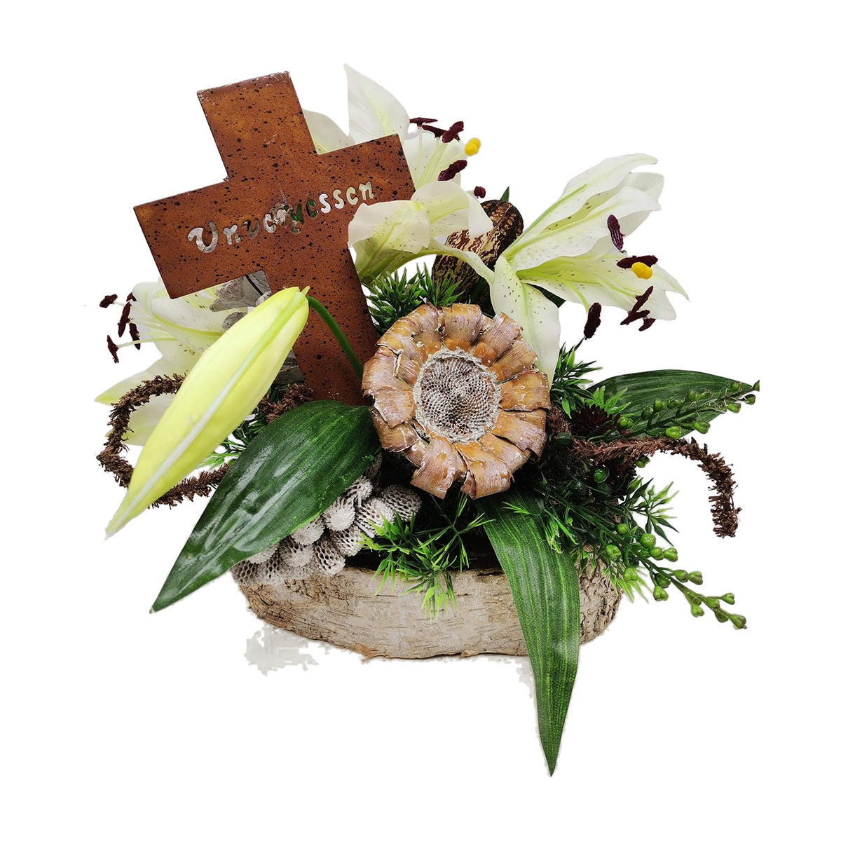 Freigestellt Grabgesteck Trauergesteck Lilien Kreuz Unvergessen weiß grün