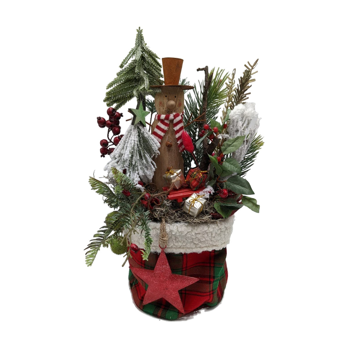 Freigestellt Wintergesteck Weihnachtsgesteck Schneemann Schlitten Tanne rot grün