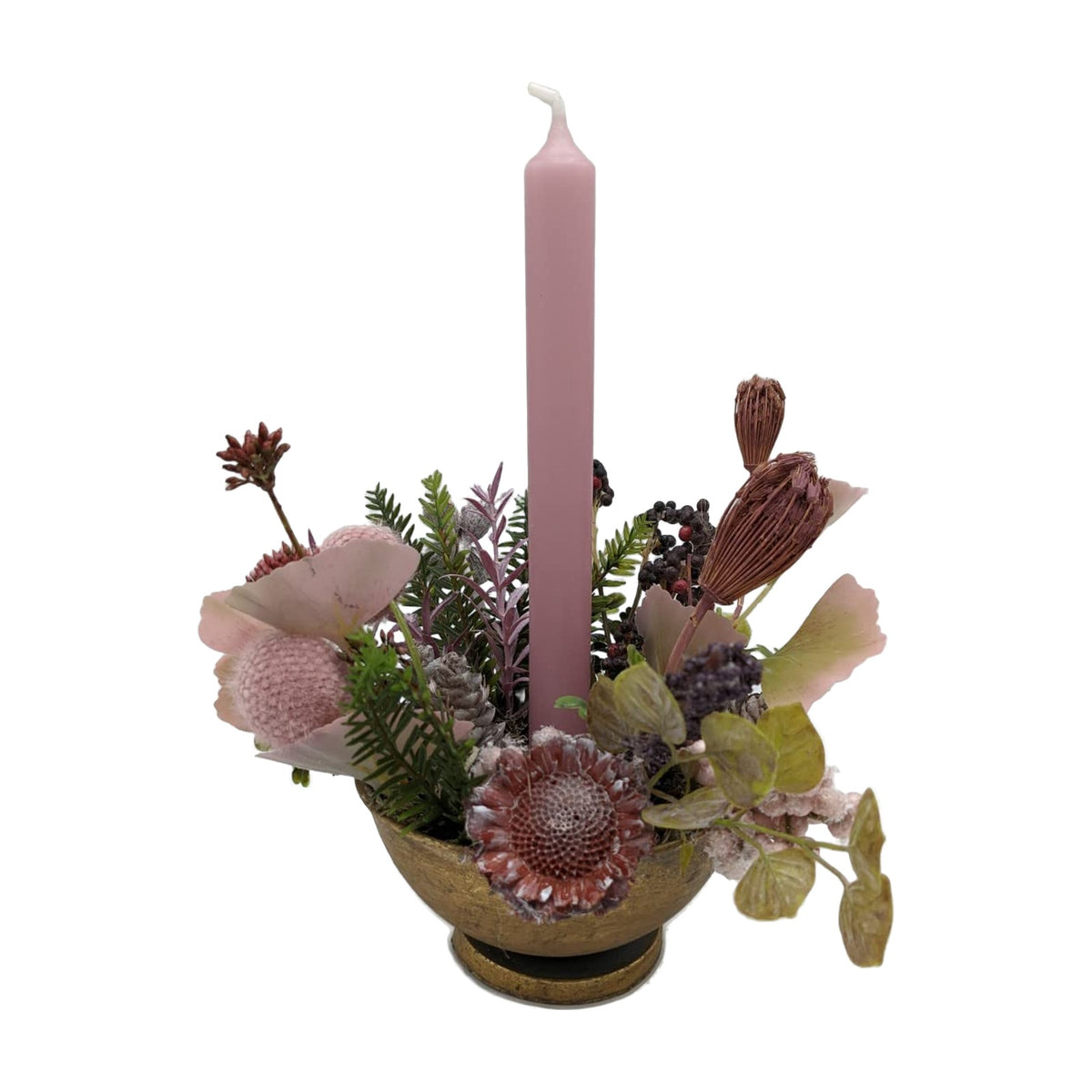 Freigestellt Weihnachtsgesteck Adventsgesteck Kerze Zapfen Beeren Tanne rosa gold