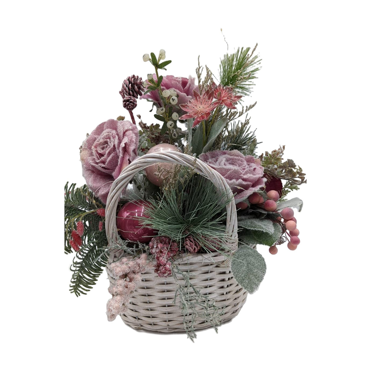 Freigestellt Wintergesteck Tischgesteck LED Kugel Rose Beere Tanne rosa weiß
