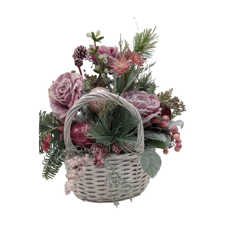 Freigestellt Wintergesteck Tischgesteck LED Kugel Rose Beere Tanne rosa weiß
