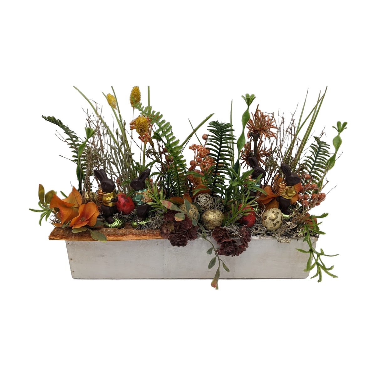 Freigestellt Ostergesteck Frühlingsgesteck Hasen Eier Beeren Gräser orange gold
