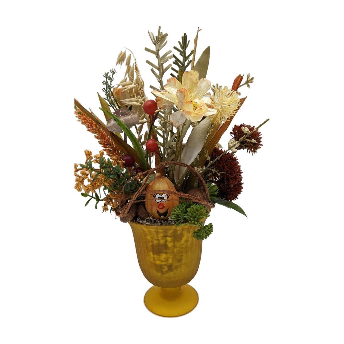 Freigestellt Herbstgesteck Kürbis Pilz Blüten Gräser orange gelb