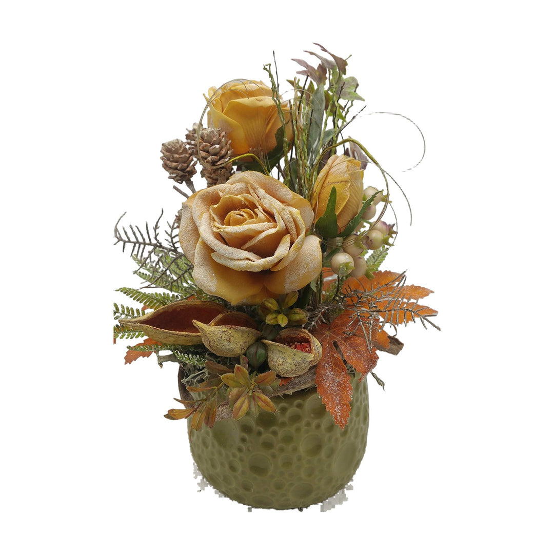 Freigestellt Seidenblumengesteck Herbstgesteck Rosen Zapfen Schoten Laub ocker grün
