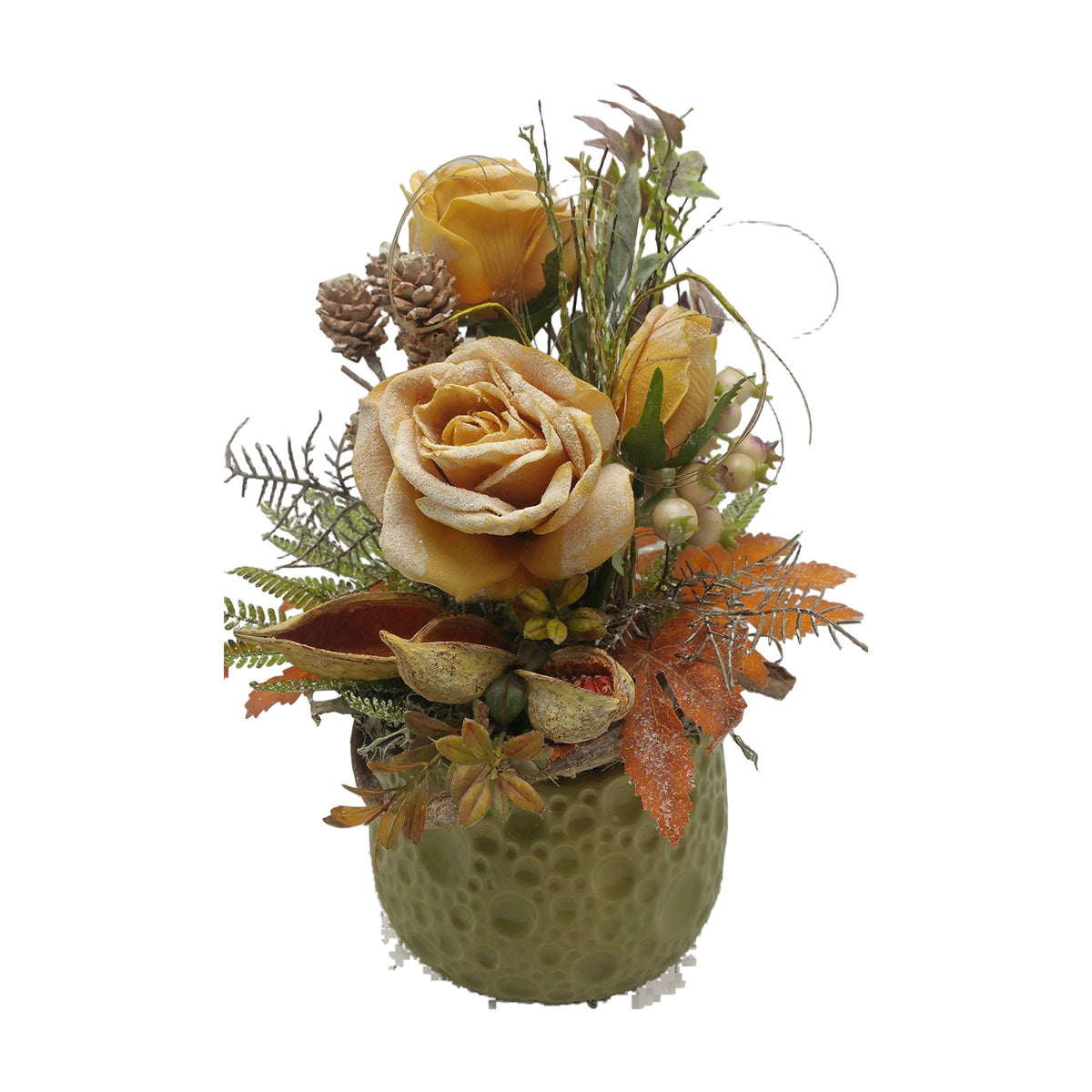 Freigestellt Seidenblumengesteck Herbstgesteck Rosen Zapfen Schoten Laub ocker grün