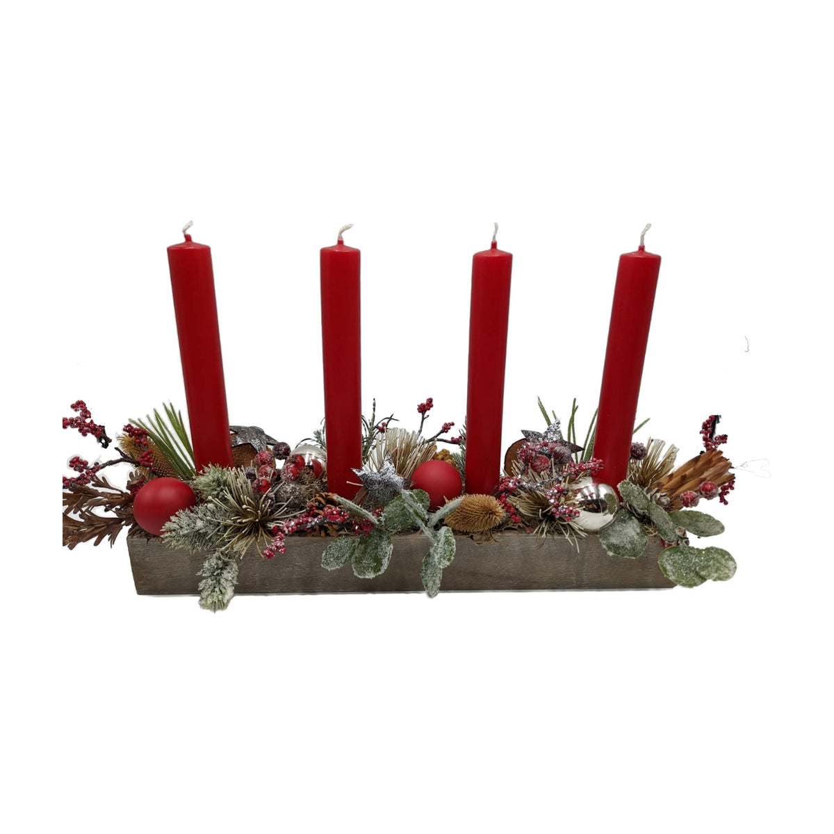 Freigestellt Weihnachtsgesteck Adventsgesteck Tischgesteck Kerzen Beeren rot silber