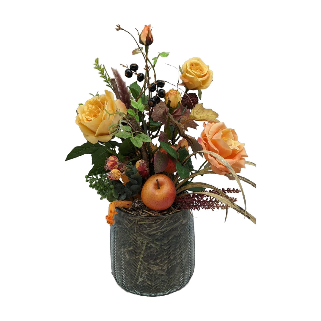 Freigestellt Herbstgesteck Rosen Apfel Beeren Gräser orange gelb