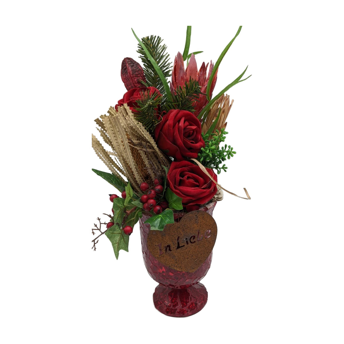 Freigestellt Grabgesteck Trauergesteck Herz In Liebe Rosen Banksia Beeren rot