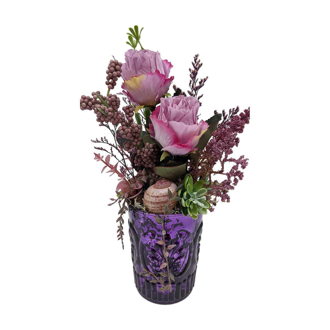 Freigestellt Tischgesteck Herbstgesteck Rosen Beeren Schnecke lila rosa