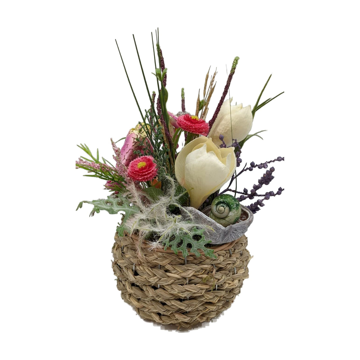 Freigestellt Frühlingsgesteck Krokus Bellis Schachbrettblume creme rosa