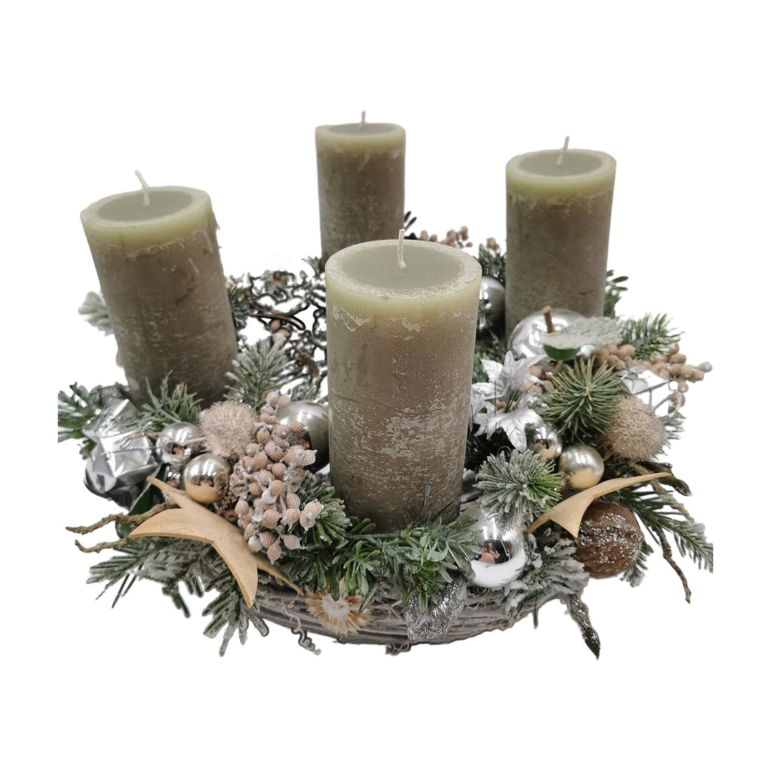 Freigestellt Weihnachtsgesteck Adventskranz Kerzen Kugeln Sterne Tanne silber natur
