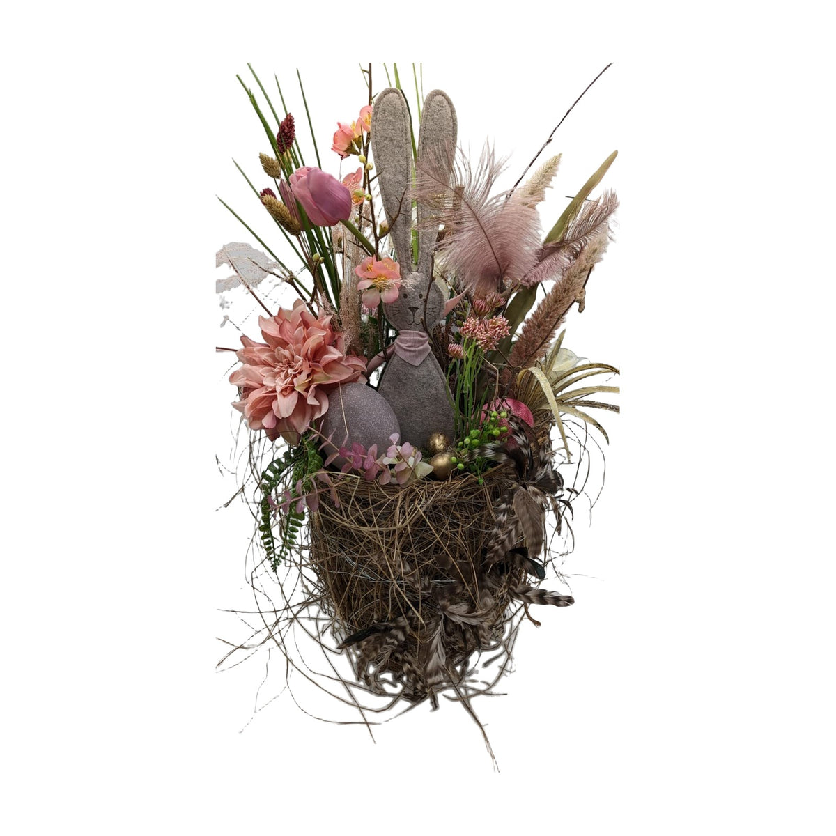 Freigestellt Ostergesteck Frühlingsgesteck Hase Ei Tulpe Federn Gräser rosa natur