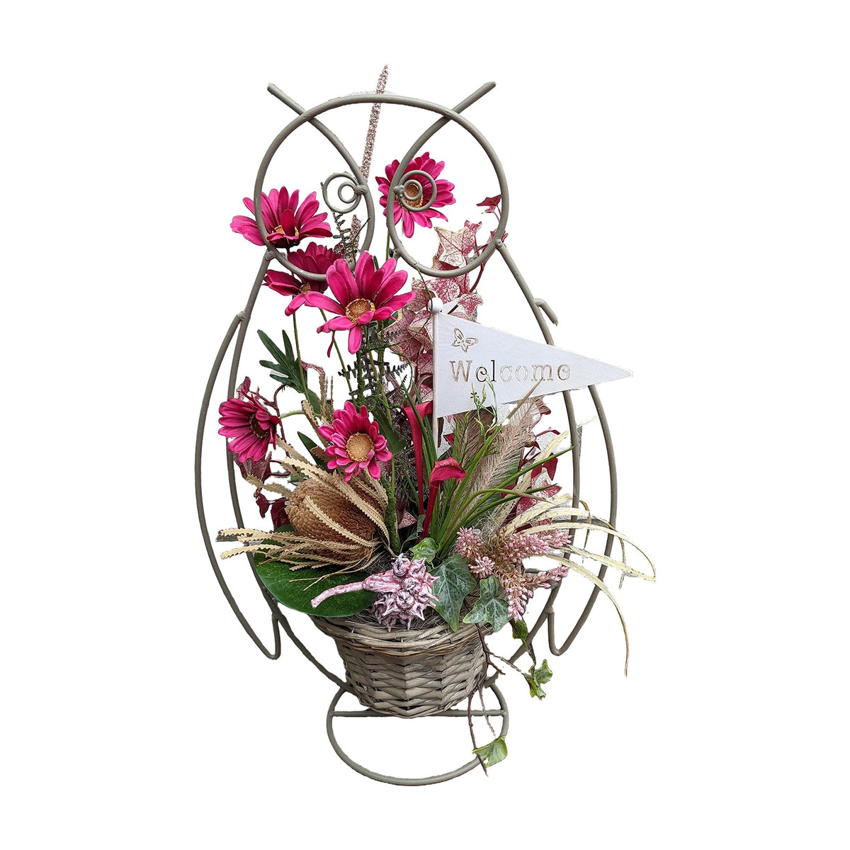 Freigestellt Sommergesteck Eule Gerbera Banksia Wimpel Welcome pink