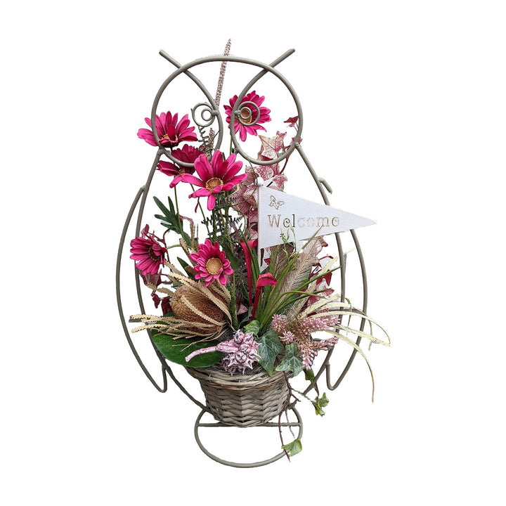 Freigestellt Sommergesteck Eule Gerbera Banksia Wimpel Welcome pink