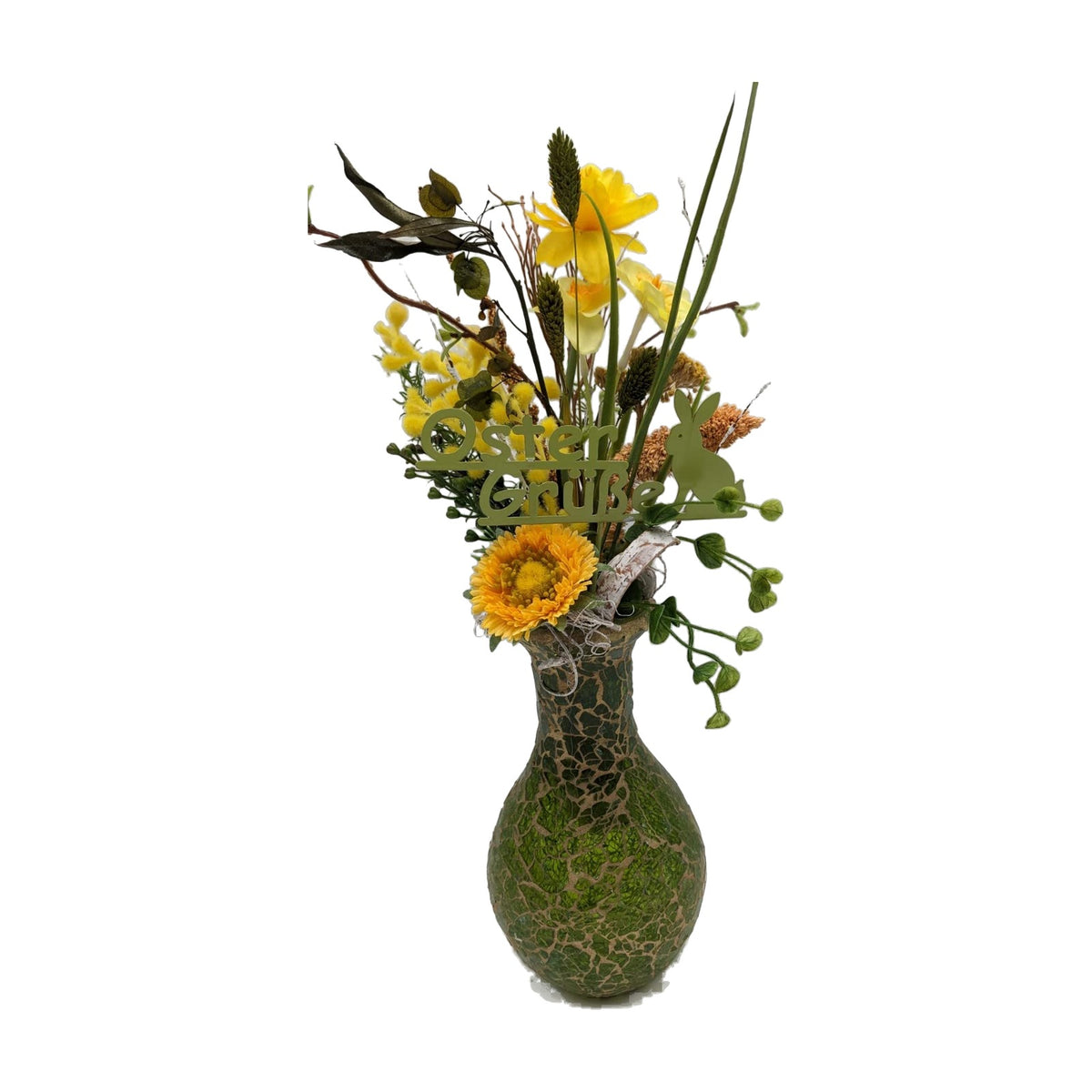 Freigestellt Tischgesteck Ostergesteck Narzisse Gerbera Mimose Hase gelb grün