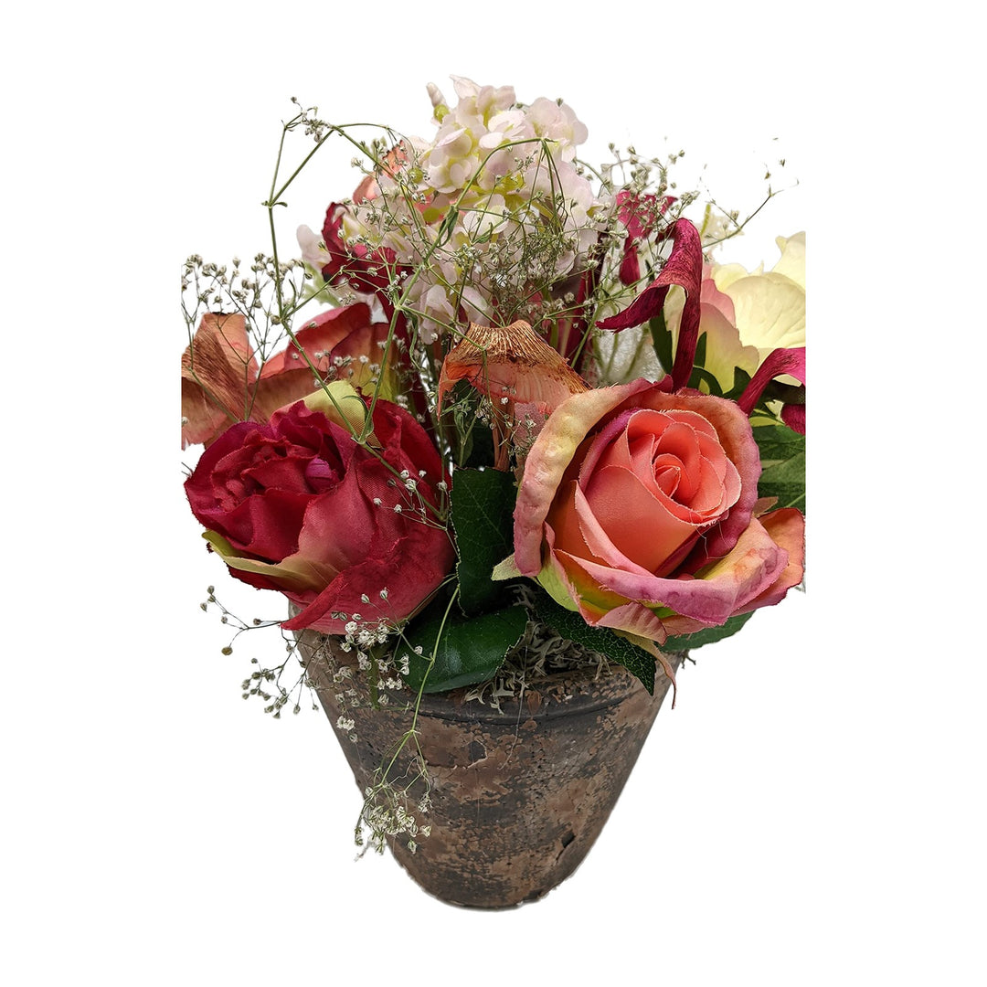 Freigestellt Sommergesteck Tischgesteck Rosen Hortensie Schnecken rosa rot
