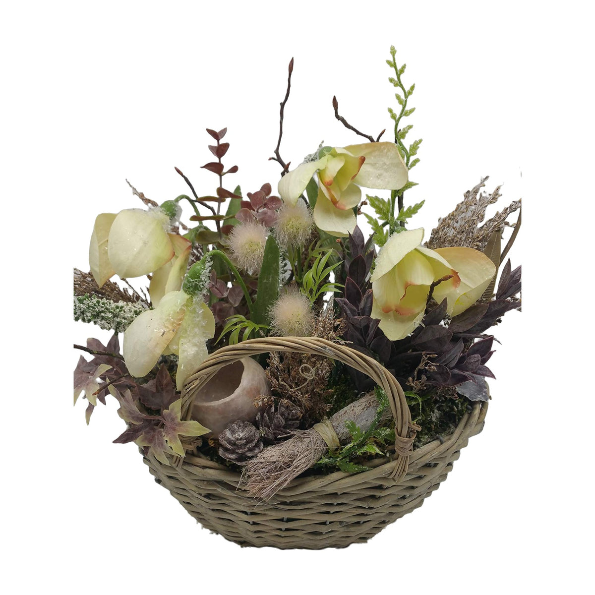 Freigestellt Wintergesteck Seidenblumengesteck Korb Blüten Heide Gräser creme