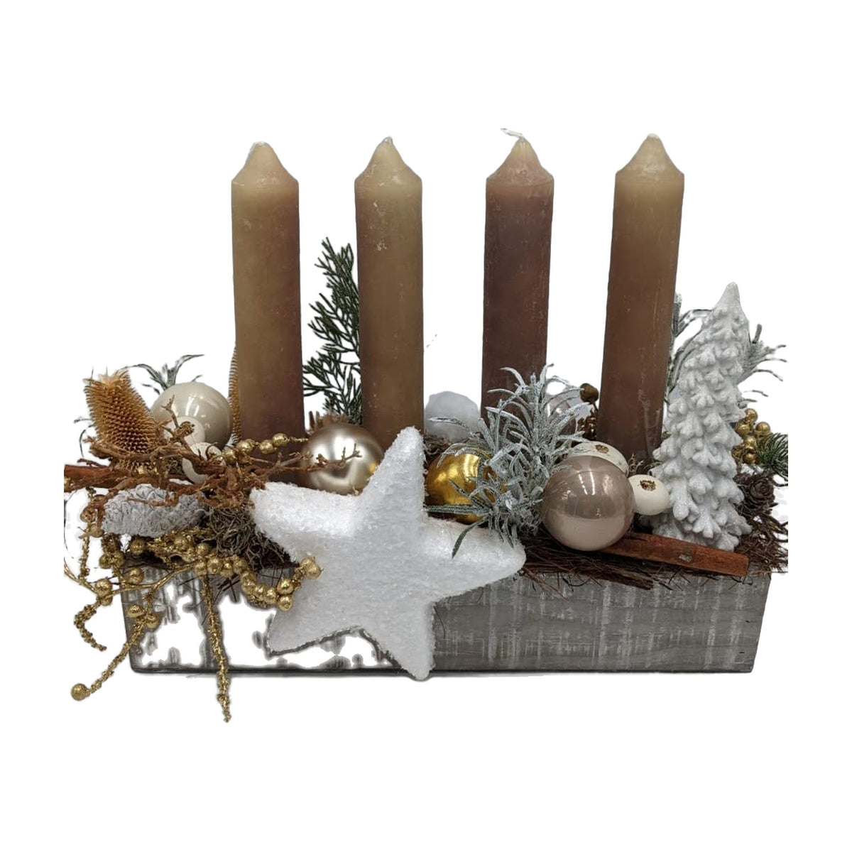 Freigestellt Weihnachtsgesteck Adventsgesteck Kerzen Stern Kugeln taupe gold weiß