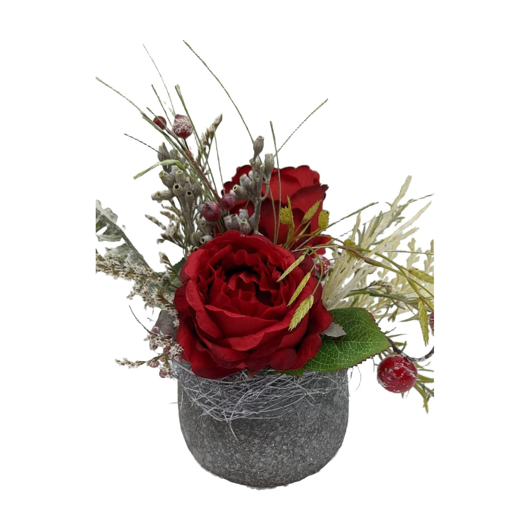 Freigestellt Tischgesteck Sommergesteck Rosen Beeren Gräser rot Seidenblumen