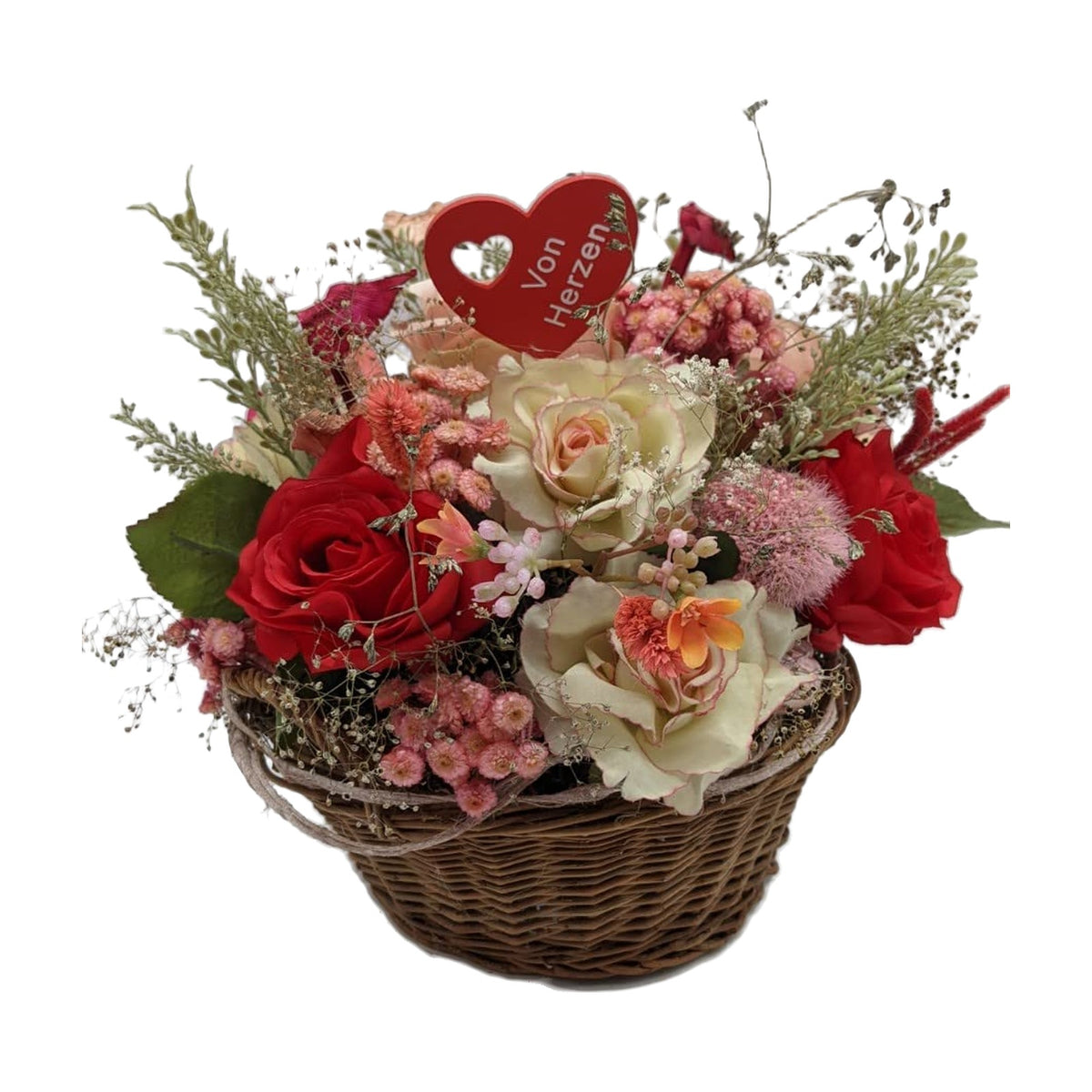 Freigestellt Frühlingsgesteck Korb Herz Rosen Gräser rot rosa Valentinstag Muttertag