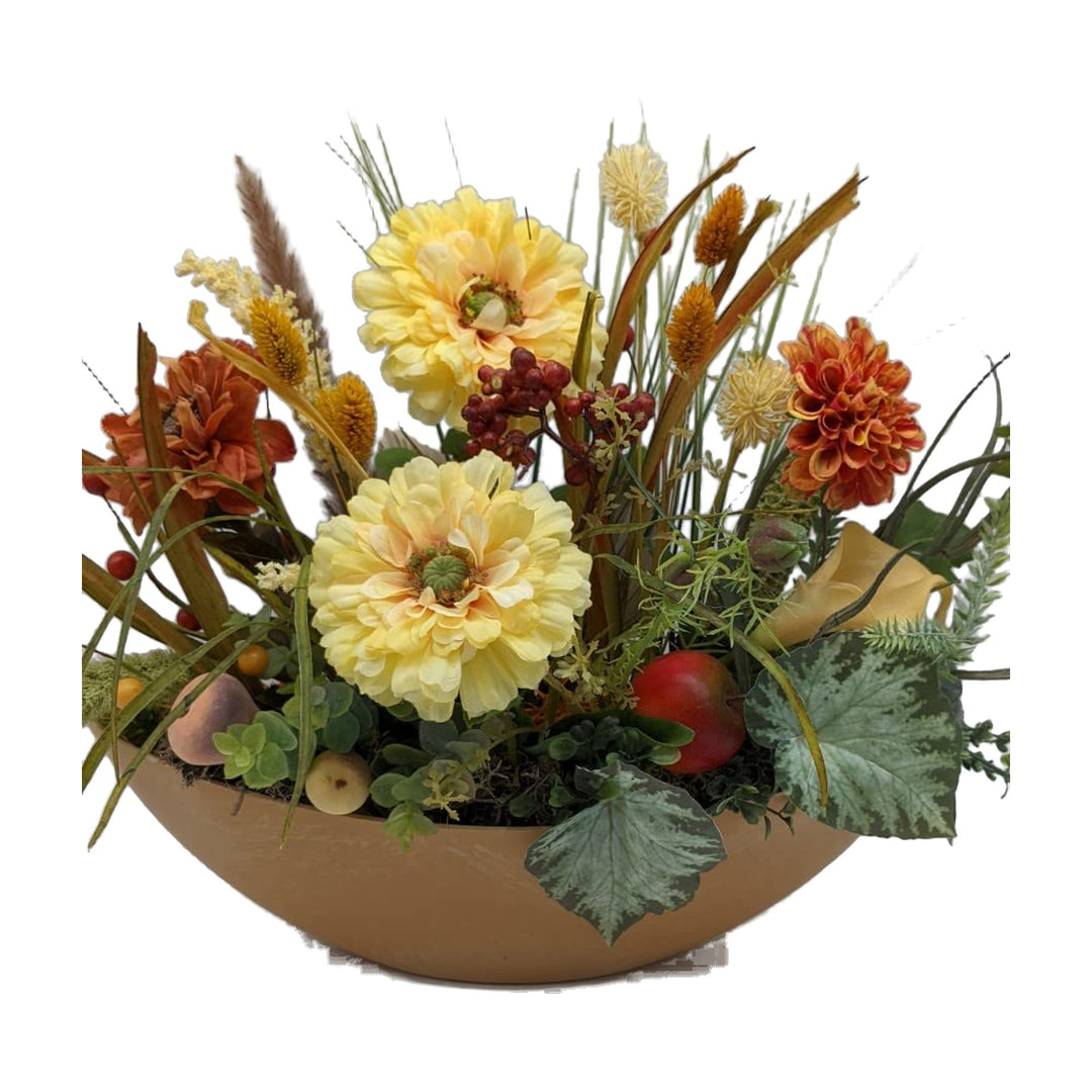 Freigestellt Herbstgesteck Herbstdekoration Apfel Blüten Gräser orange gelb