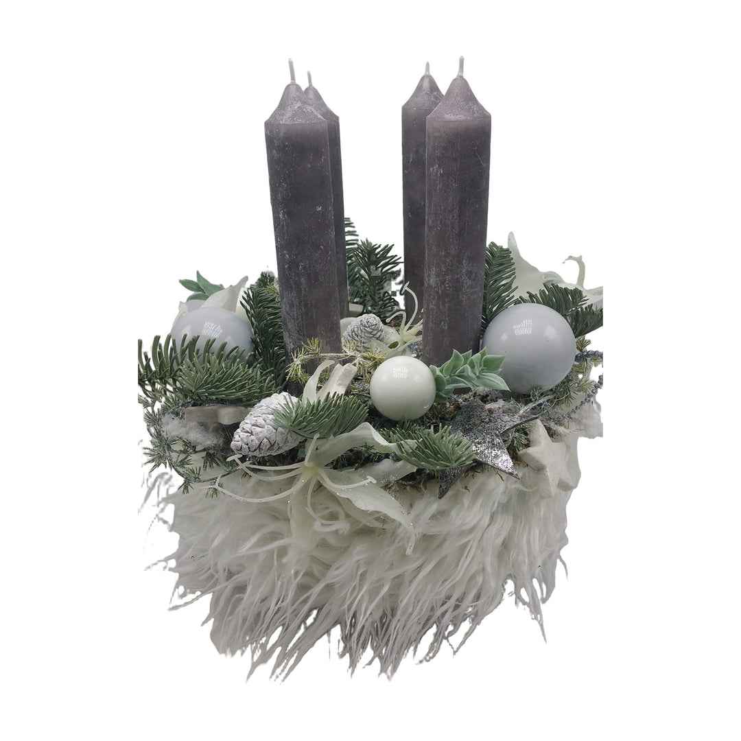 Freigestellt Weihnachtskranz Adventskranz Kerzen Kugeln Zapfen Sterne grau weiß