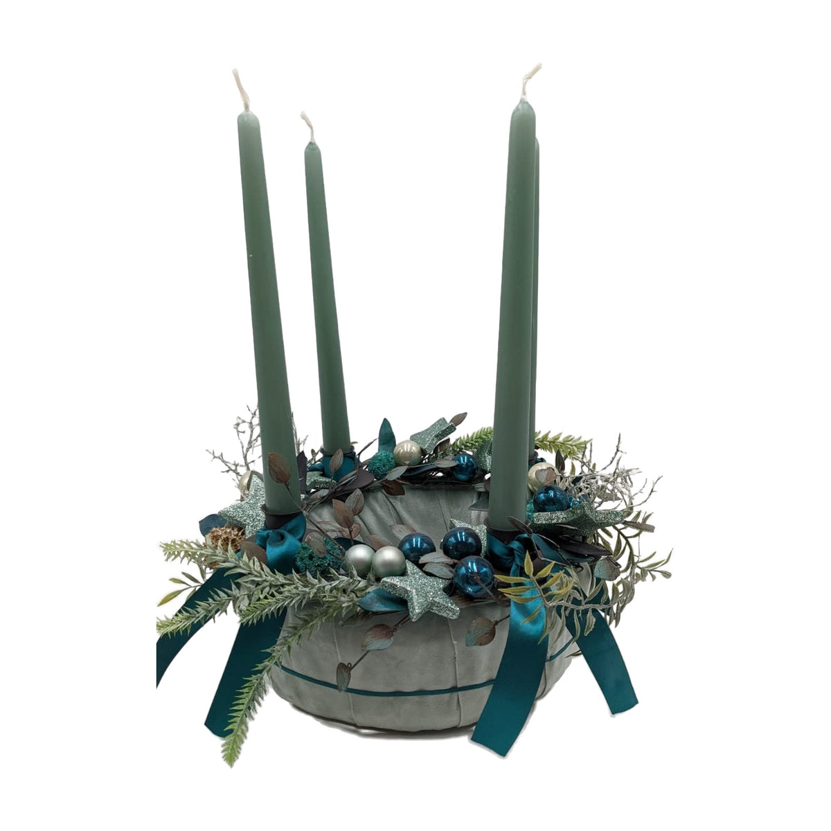 Freigestellt Weihnachtsgesteck Adventskranz Adventsgesteck Kugeln Sterne mint türkis