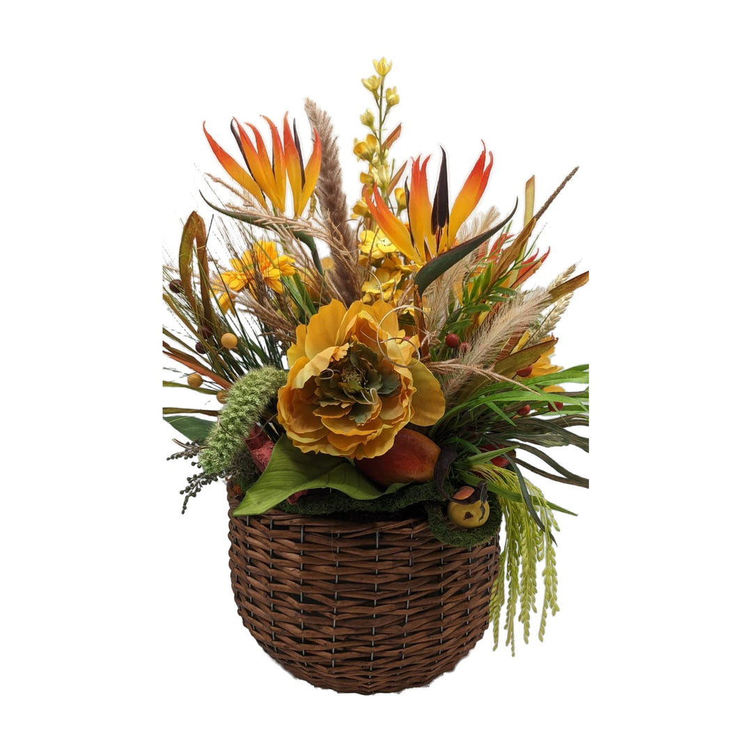 Freigestellt Herbstgesteck Korb Strelizie Mango Blüten Gräser orange gelb