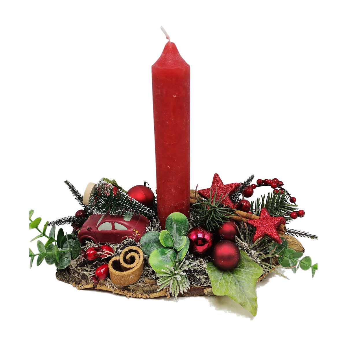 Freigestellt Weihnachtsgesteck Adventsgesteck Kerze Kugeln Sterne Auto rot grün