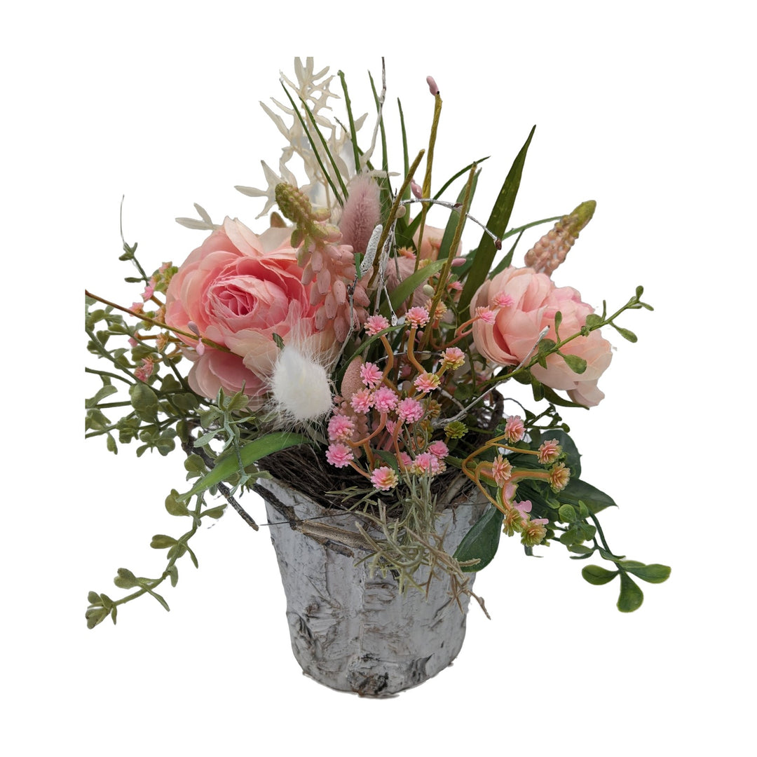Freigestellt Frühlingsgesteck Rosen Muscari Gräser rosa creme
